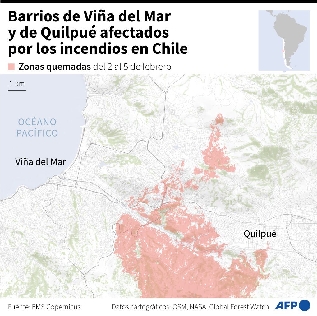 La ubicación de los incendios en Valparaíso. (AFP).
