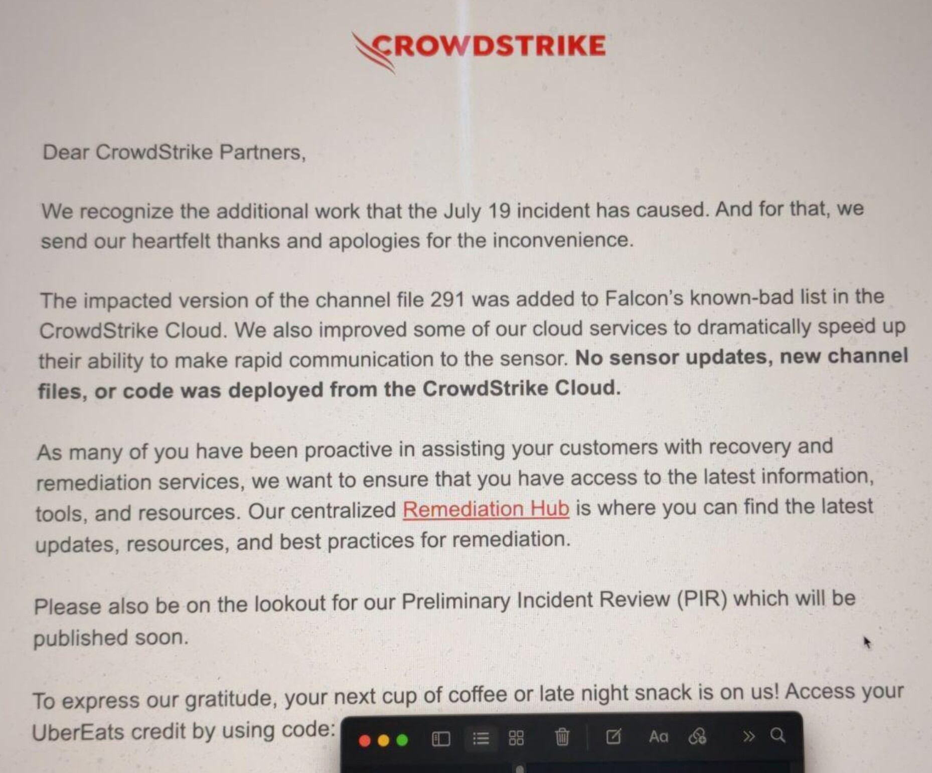 Captura de pantalla del correo electrónico enviado por CrowdStrike. (Foto: TechCrunch)