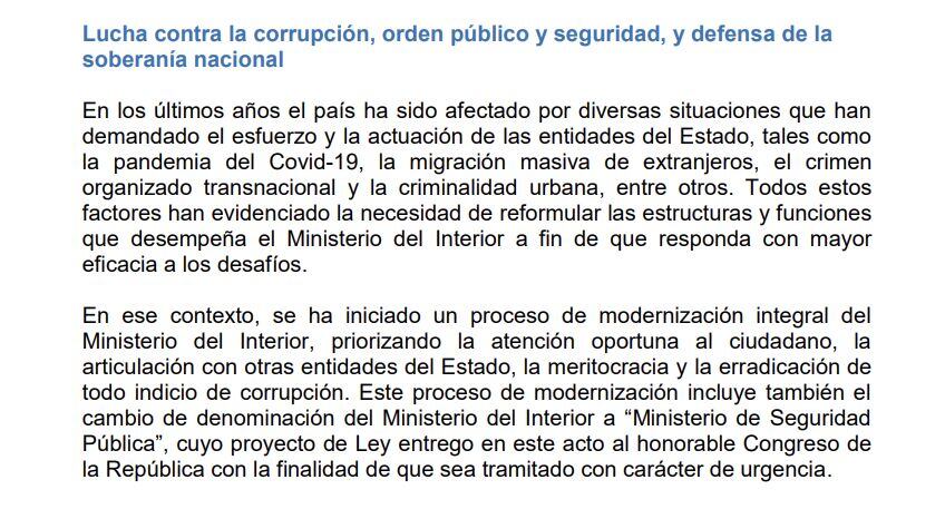 Anuncio en el discurso sobre el cambio de nombre del Ministerio del Interior