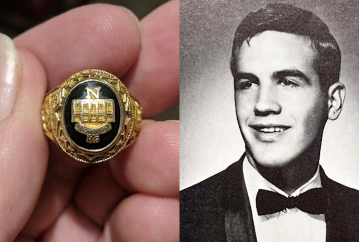 El anillo de graduación y una foto de Bruce Walker como estudiante de secundaria. (Foto: Bruce Walker)