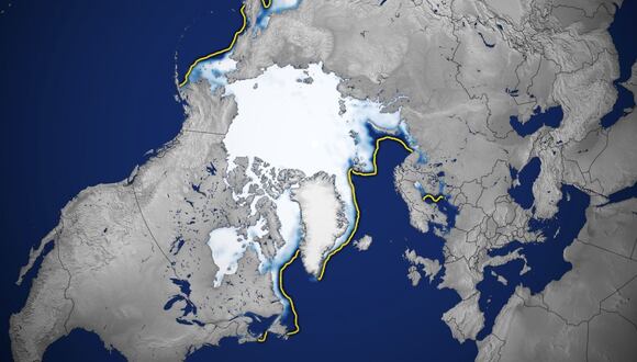 Así se encuentra la cobertura del hielo en el Ártico, al 26 de marzo de 2024. Ha sufrido una constante reducción desde 1970.