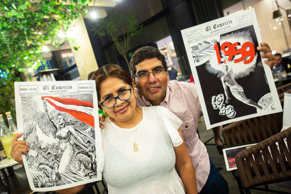 Juliana Yataco y Juan Carlos Cano Pajuelo, una pareja única felices junto a sus portadas históricas de El Comercio.