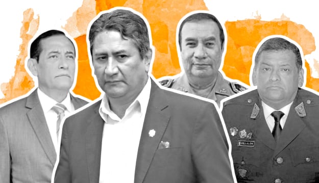 Oficiales implicados en la fuga del líder de Perú Libre: General PNP (R) Sergio Monar, General PNP Mauricio Quiroga, General PNP Gregorio Villalón.