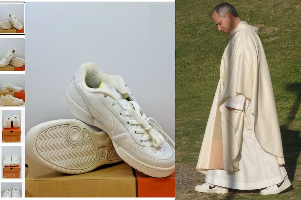 El Papa León XIV y las zapatillas que se hicieron viral. (Vatican News / Ebay)