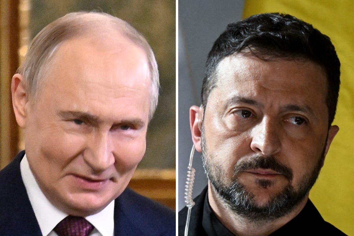 El presidente de Rusia, Vladimir Putin; y el presidente de Ucrania, Volodymyr Zelensky. (Fotos de Alexander NEMENOV / Michal CIZEK / AFP)