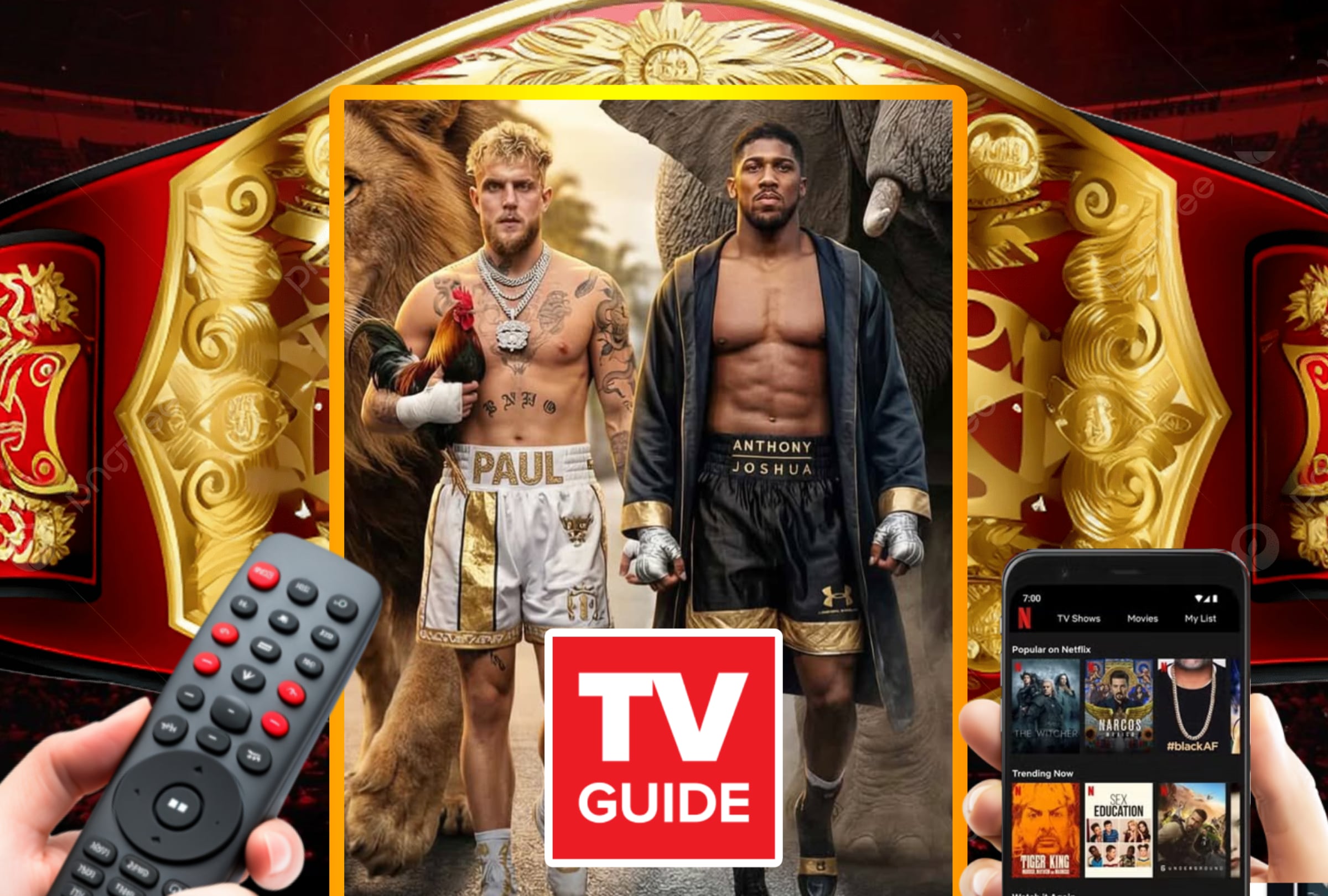 MIAMI, FLORIDA (ESTADOS UNIDOS), 19/12/2025.- Lista de canales de televisión y servicios streaming para ver la pelea entre Jake Paul y Anthony Joshua este viernes 19 de diciembre por la categoría peso pesado desde el ring del Kaseya Center de Miami, Florida (EE.UU.). IMAGEN CREADA POR NOÉ YACTAYO CON FOTO DE NETFLIX