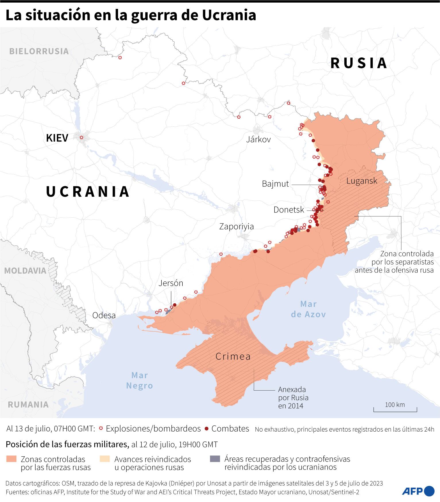 Mapa de Ucrania con la situación al 13 de julio. Fuente: AFP