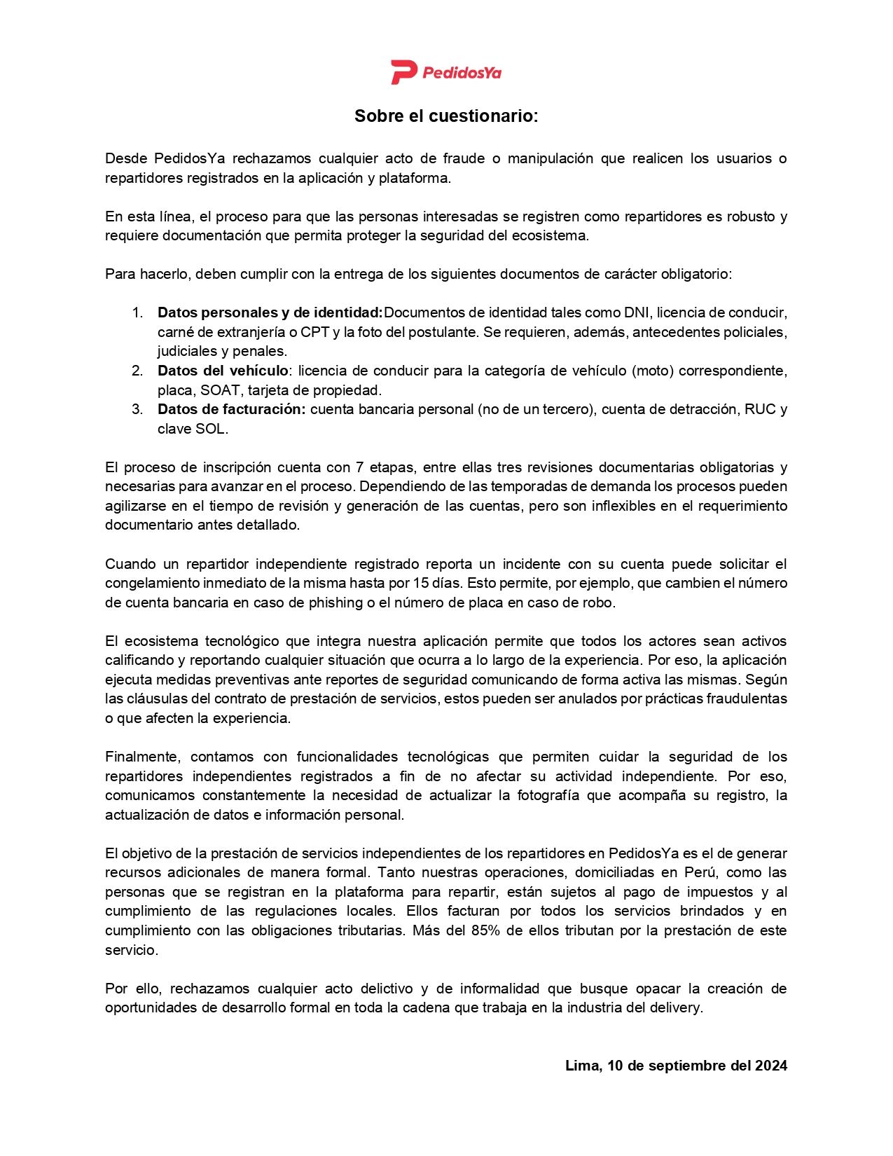 Respuesta de Pedidos Ya enviada a El Comercio