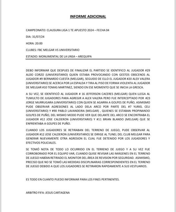 Informe adicional escrito por el árbitro del partido Jesús Cartagena. (Foto: @Horacon)