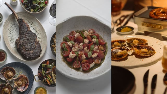 Izquierda: Soberbio Tomahawk angus, rodeado de ensalada fresca y verduras al grill. Al medio: ensalada caprese de la casa, con Bocconcini Fior di Latte, tomates cherry y vinagreta de albahaca. Derecha: Conchas a la parrilla con mantequilla al limón. (Fotos: Brass)