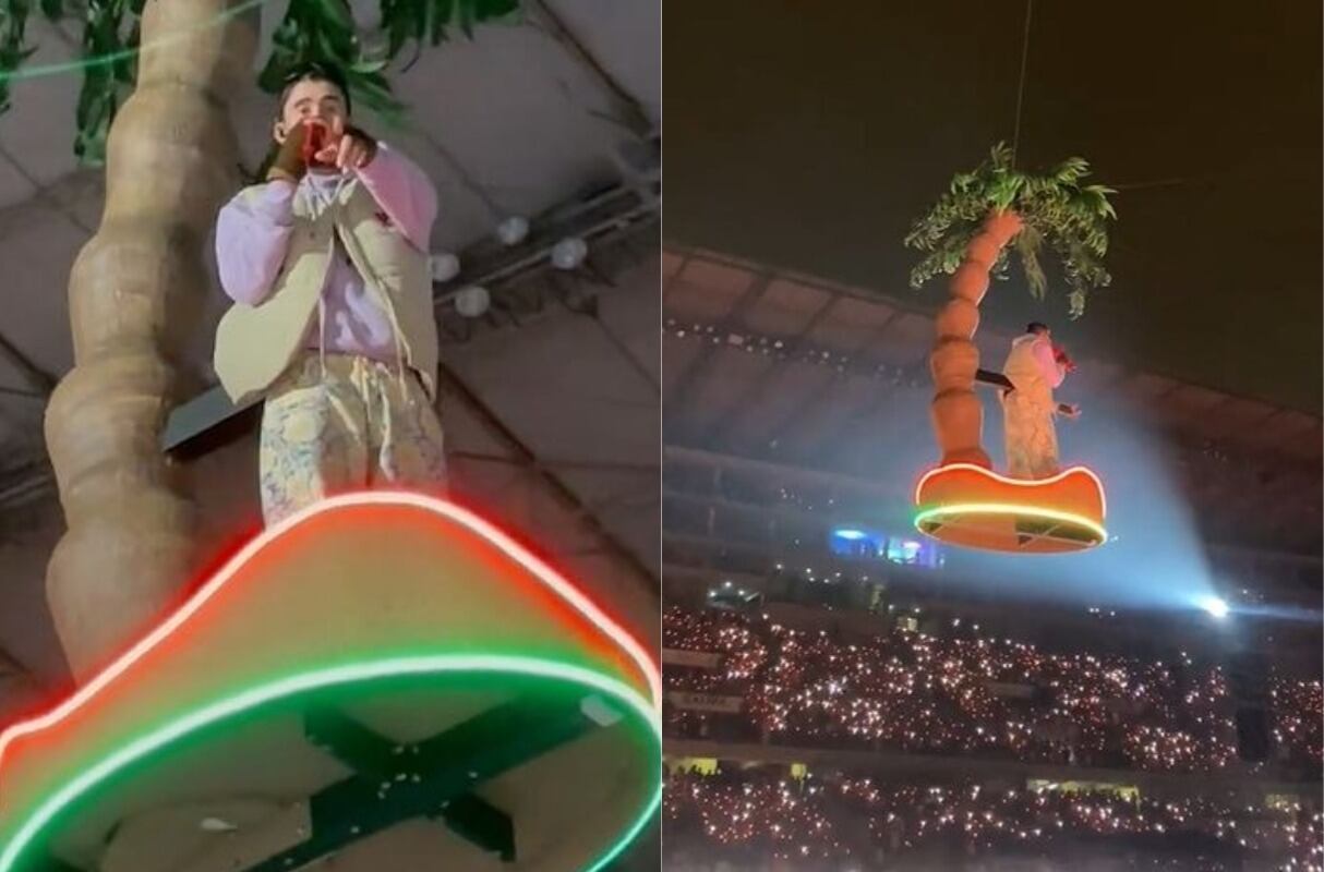 Bad Bunny sorprendió a todos al "volar" sobre una palmera mientras cantaba "La canción". (Foto: Captura de video)