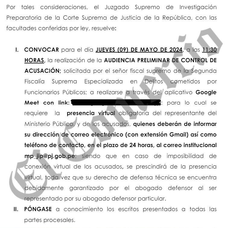 Convocatoria al control de acusación por el caso del golpe de Estado