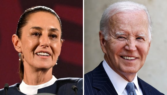 La presidenta electa de México, Claudia Sheinbaum; y el mandatario estadounidense, Joe Biden. (Fotos de Alfredo Estrella / Sameer Al-Doumy / AFP)