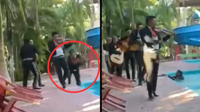 Serenata con chapuzón: un mariachi se cae accidentalmente en una piscina y se vuelve viral