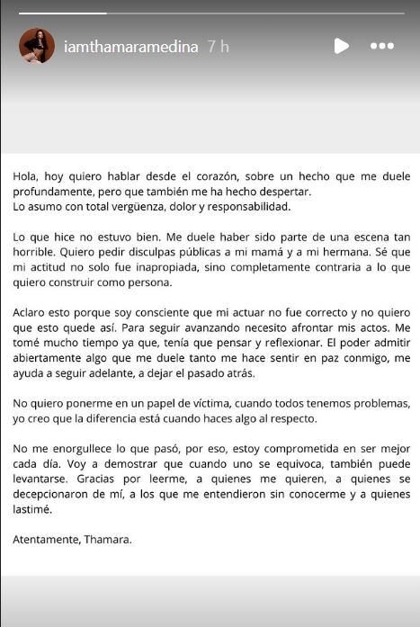 Comunicado de Thamara Medina