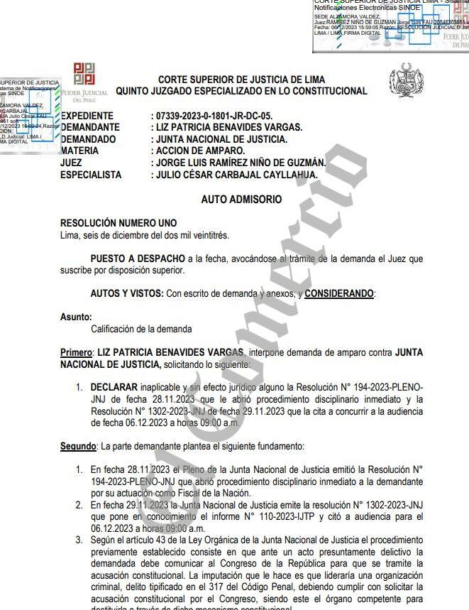 Patricia Benavides planteó una demanda de amparo contra el proceso disciplinario en la JNJ.