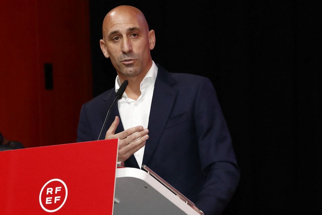 (FILES) In this handout image released by the Spanish Royal Football Federation (RFEF) on August 25, 2023, RFEF President Luis Rubiales delivers a speech during an extraordinary general assembly of the federation on August 25, 2023 in Las Rozas de Madrid. Luis Rubiales on September 10, 2023 said he will resign as Spanish football federation chief after kiss scandal. (Photo by Eidan RUBIO / RFEF / AFP) / RESTRICTED TO EDITORIAL USE - MANDATORY CREDIT "AFP PHOTO / RFEF / EIDAN RUBIO " - NO MARKETING NO ADVERTISING CAMPAIGNS - DISTRIBUTED AS A SERVICE TO CLIENTS