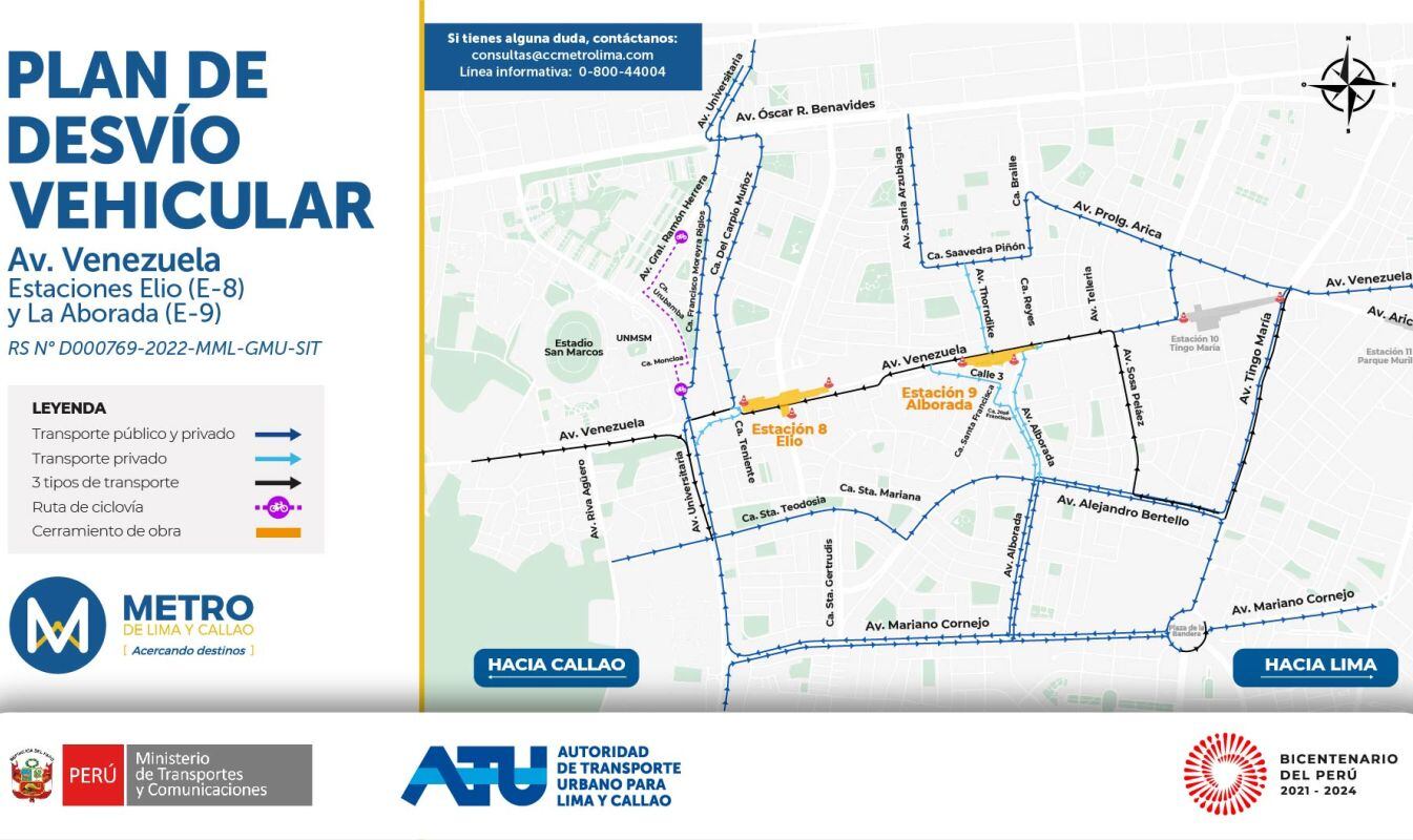 Plan de desvío vehicular por la construcción de las estaciones Elio (E-8) y Alborada (E-9) en la avenida Venezuela. (Foto: ATU)