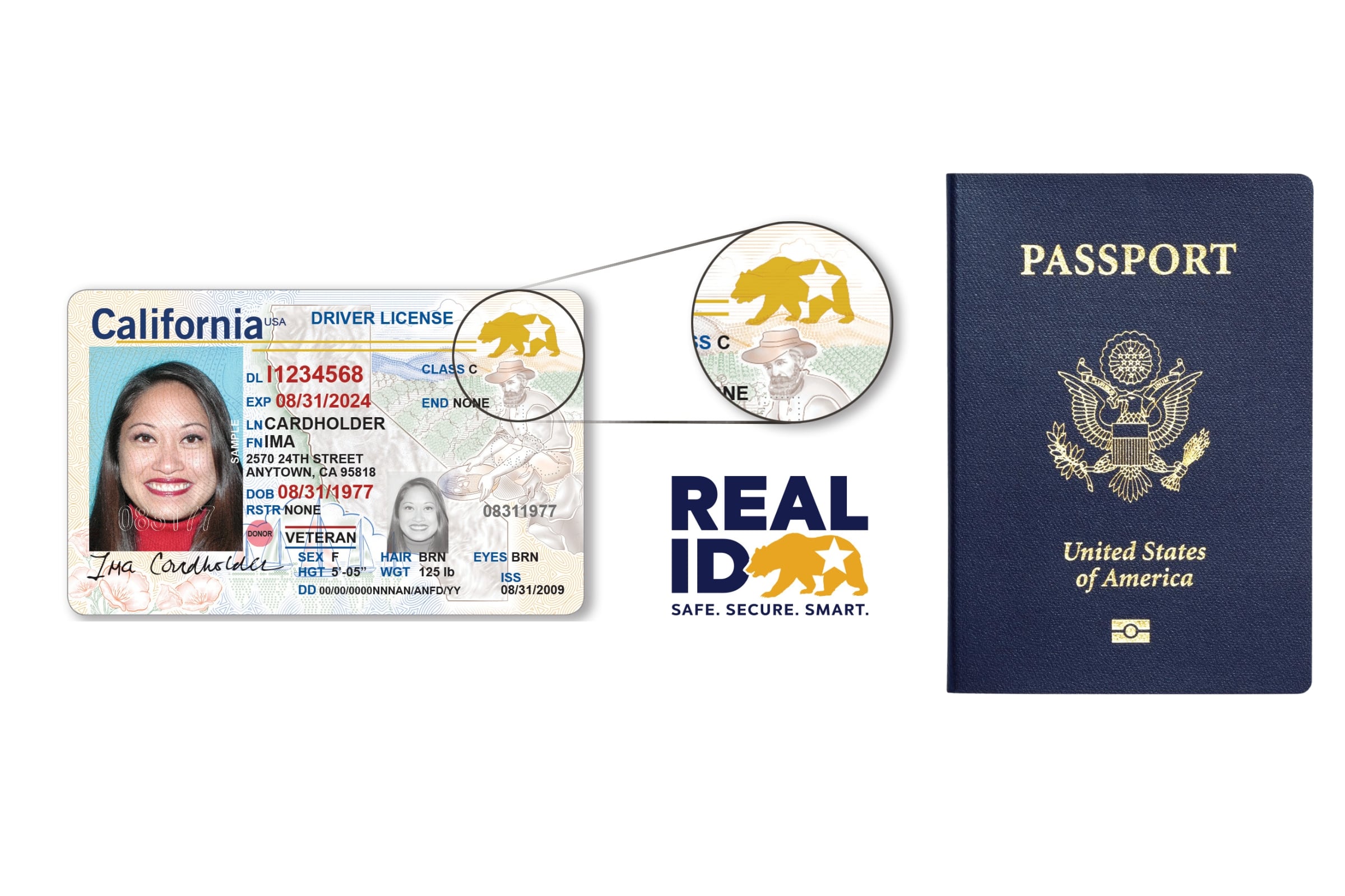 Así se ve un documento con Real ID emitido en California y un pasaporte estadounidense (Foto: Gobierno de Estados Unidos - TSA / Imagen referencial no válida legalmente, solo usada con fines educativos)