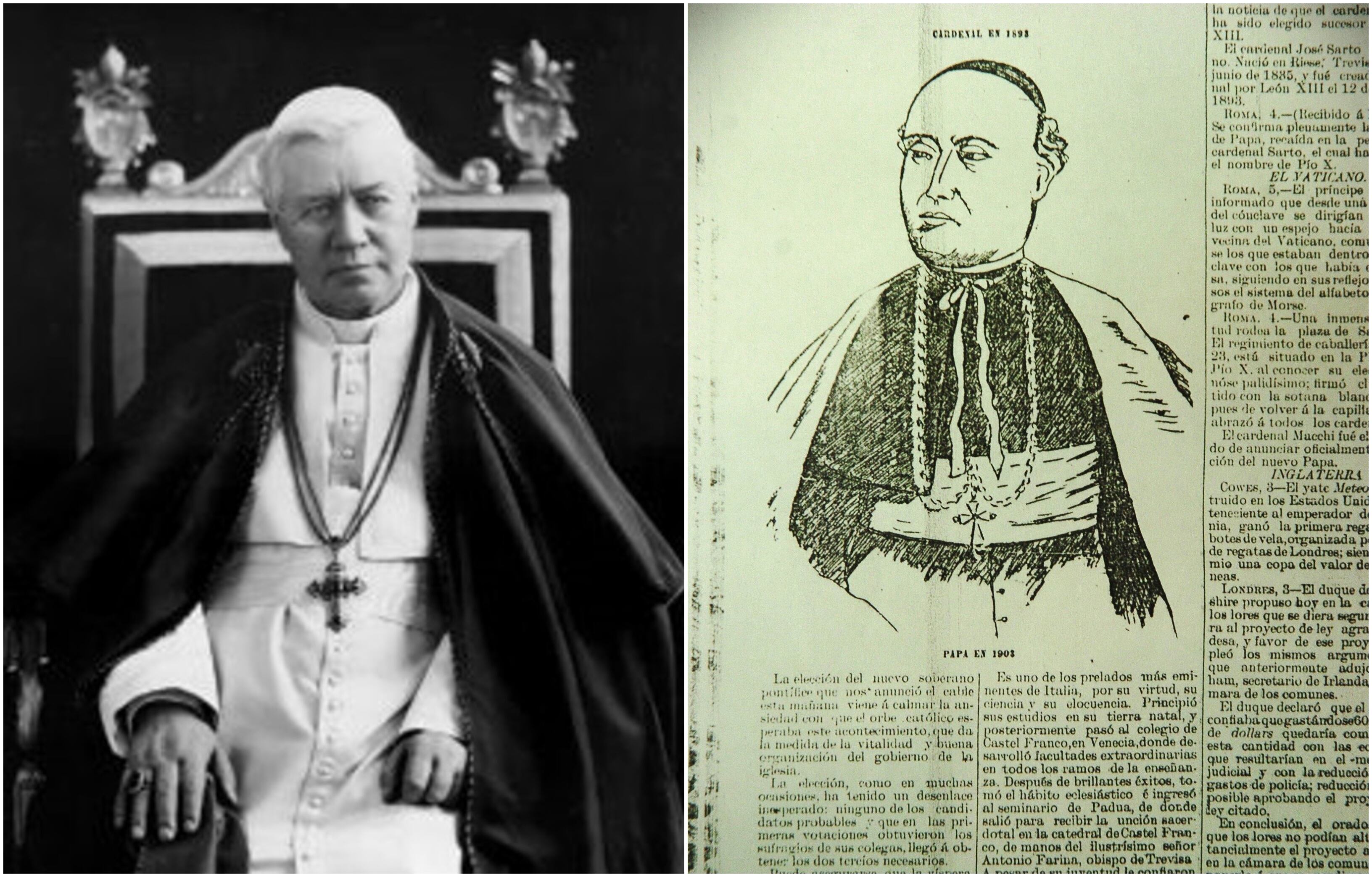Papa Pío X, al lado nota de El Comercio con dibujo de cuando era cardenal años antes. (Archivo Histórico de El Comercio)