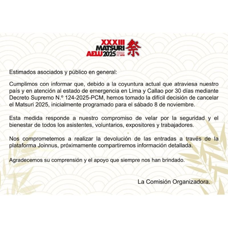 El Matsuri 2025 fue cancelado por el estado de emergencia en Lima y Callao. (Foto: Instagram)