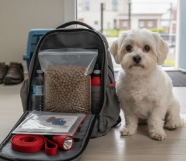 La mochila de emergencia debe considerar siempre a los animales de compañía. Comida, agua y correa son elementos básicos para mantenerlos seguros durante un sismo. (Imagen Pexel)