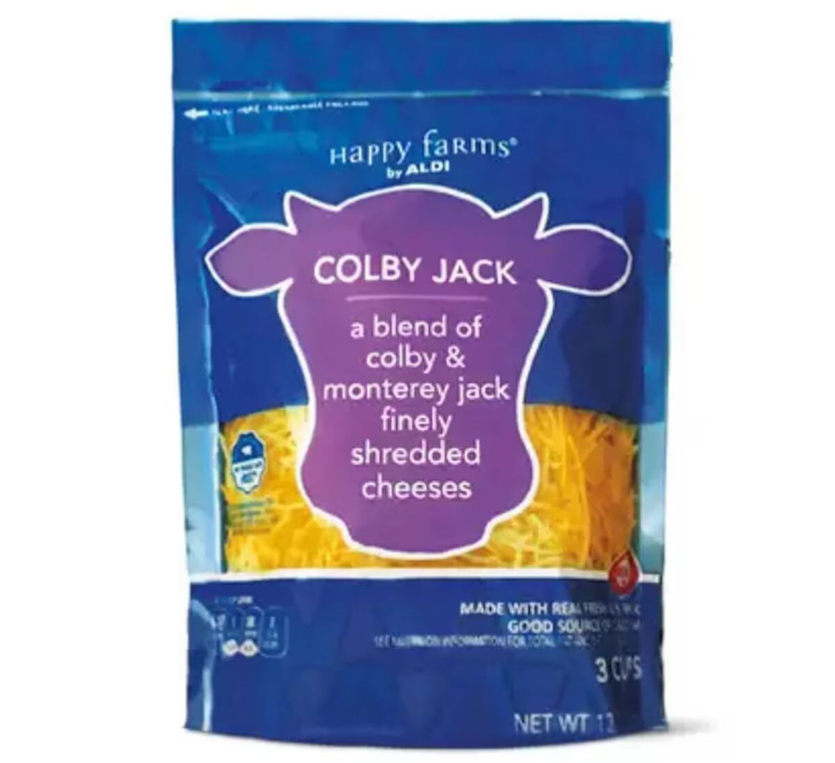 El Colby Jack de Happy Farms by ALDI, una mezcla de quesos Colby y Monterey Jack finamente rallados, fue retirado en cuatro estados (Foto: ALDI)