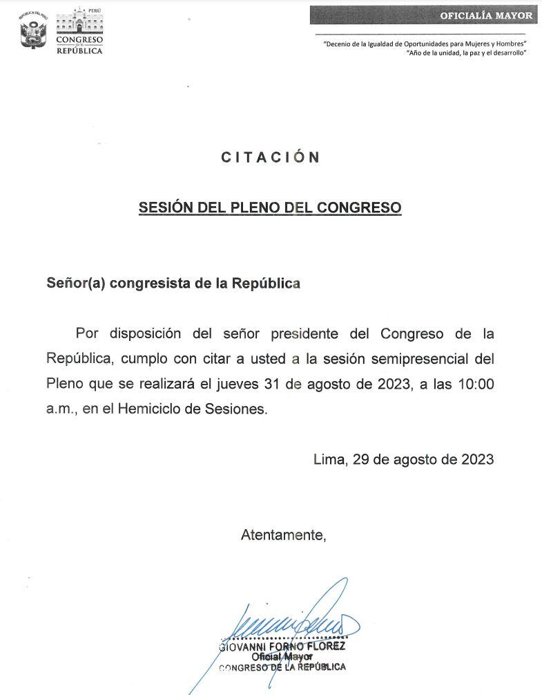 Congreso tendrá sesión del pleno este 31 de agosto.