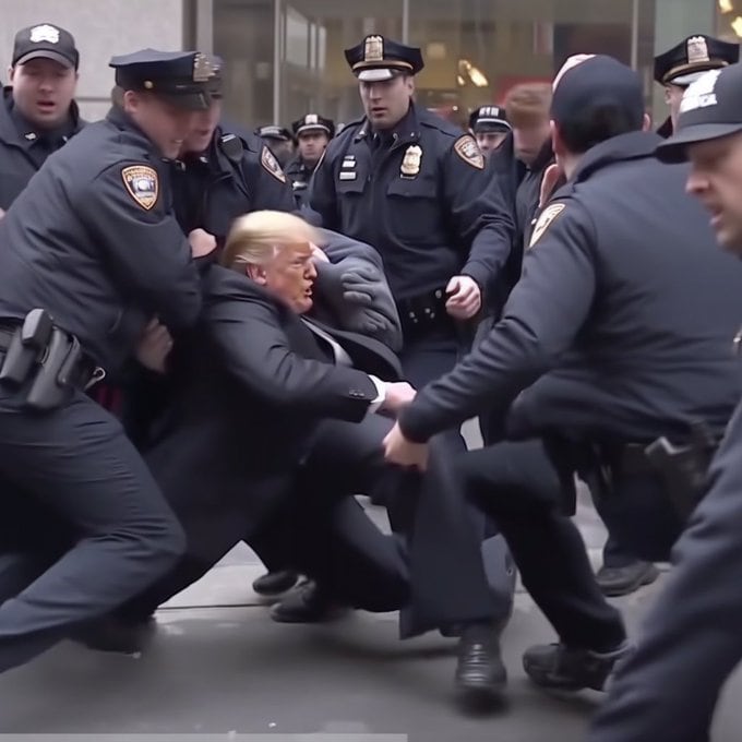 Fotografía de Donald Trump siendo arrestado hecha con IA por  MidJourney.