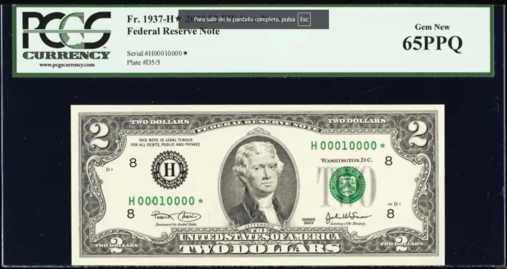 Así es el billete de US$2 con número binarios y estrella al final (Foto: Heritage Auctions, HA.com / YouTube de Daniel Martel)