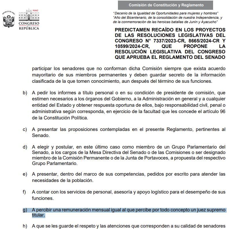 Predictamen sobre reglamento del Senado