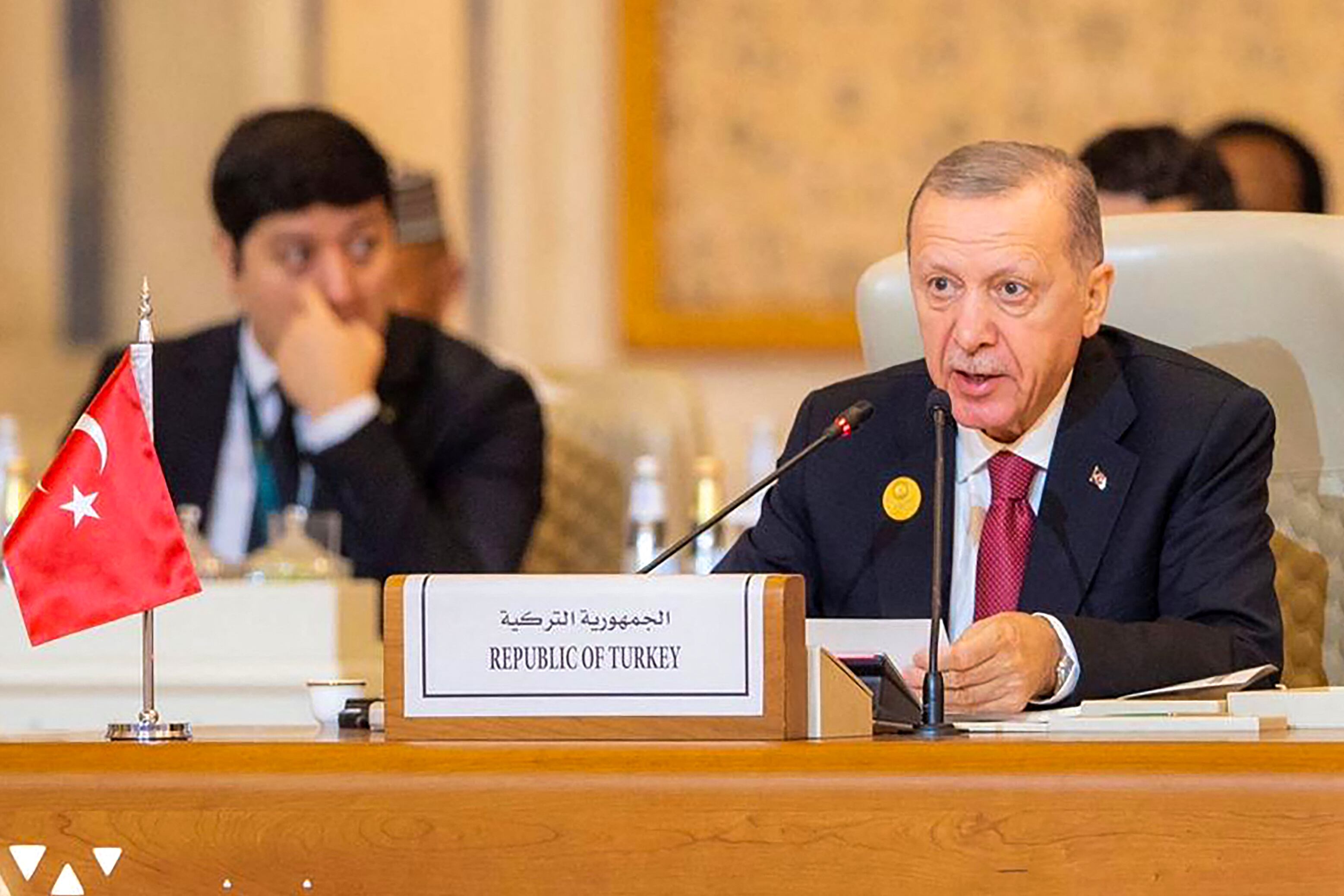 El presidente de Turquía, Recep Tayyip Erdogan, habla durante una reunión de emergencia de la Liga Árabe y la Organización de Cooperación Islámica (OCI), en Riad. (AFP).