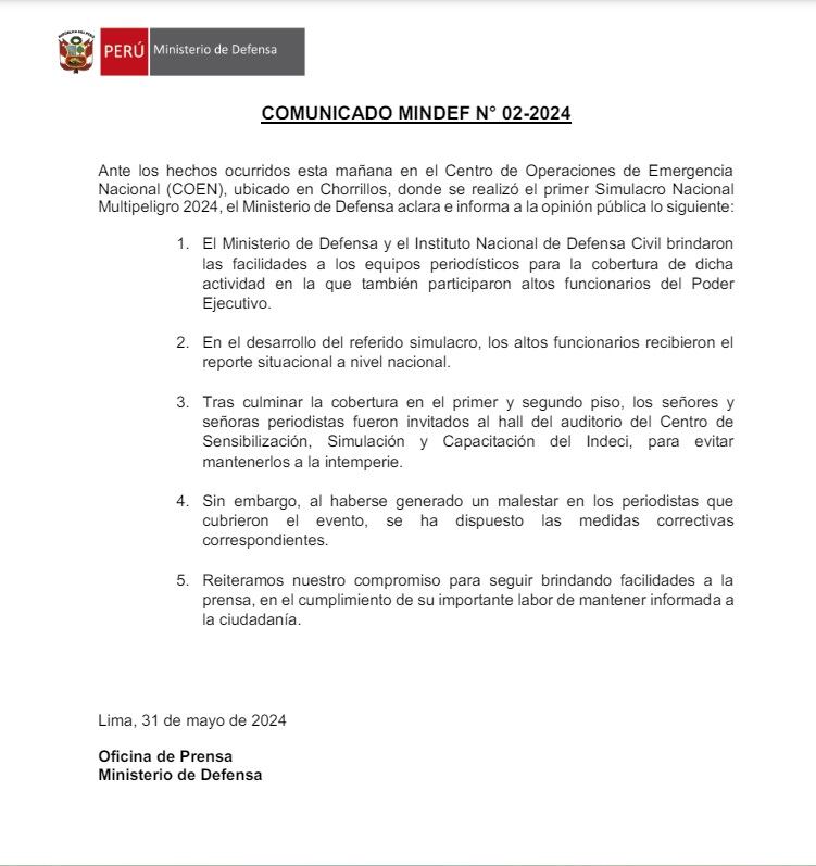Comunicado del Ministerio de Defensa. (Foto: Mindef)