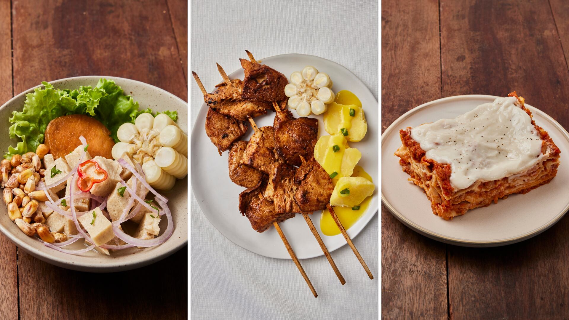 Ceviche, anticuchos y lasaña, platillos de DeliVegan.