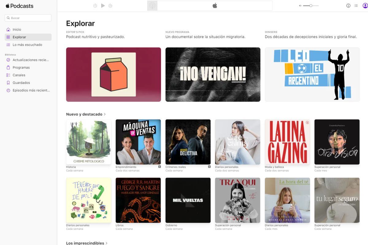 La nueva interfaz de Apple Podcasts para web.