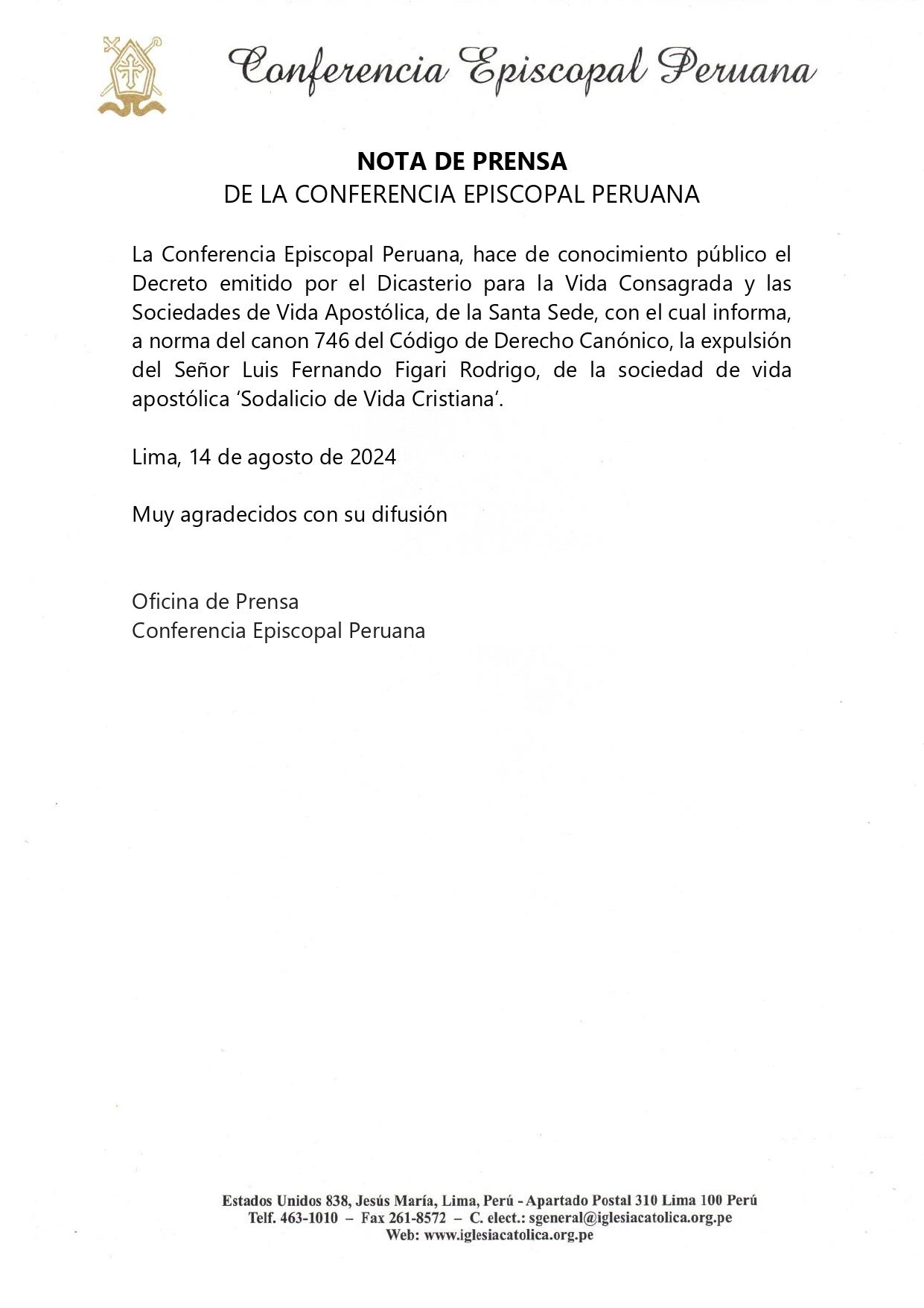 Comunicado de la Conferencia Episcopal Peruana respecto a la expulsión de Luis Fernando Figari