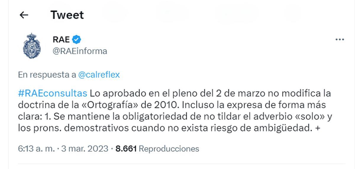 La RAE aclara el uso del adverbio "solo" (Foto: RAE)