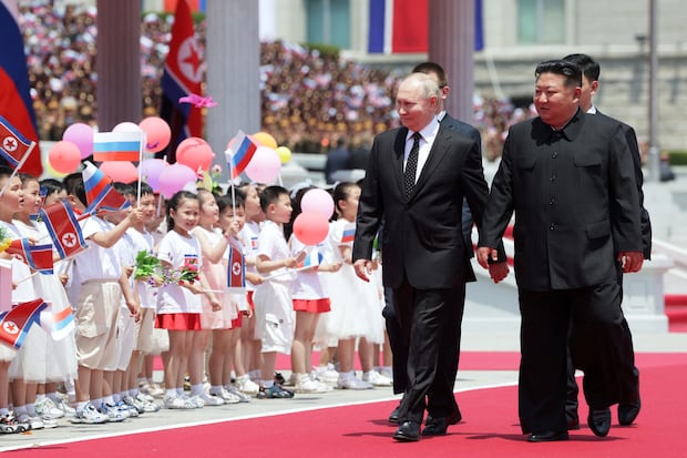 Kim Jong-un gave a rousing welcome to Vladimir Putin in North Korea.  (GAVRIIL GRIGOROV/POOL/AFP via Getty Images).