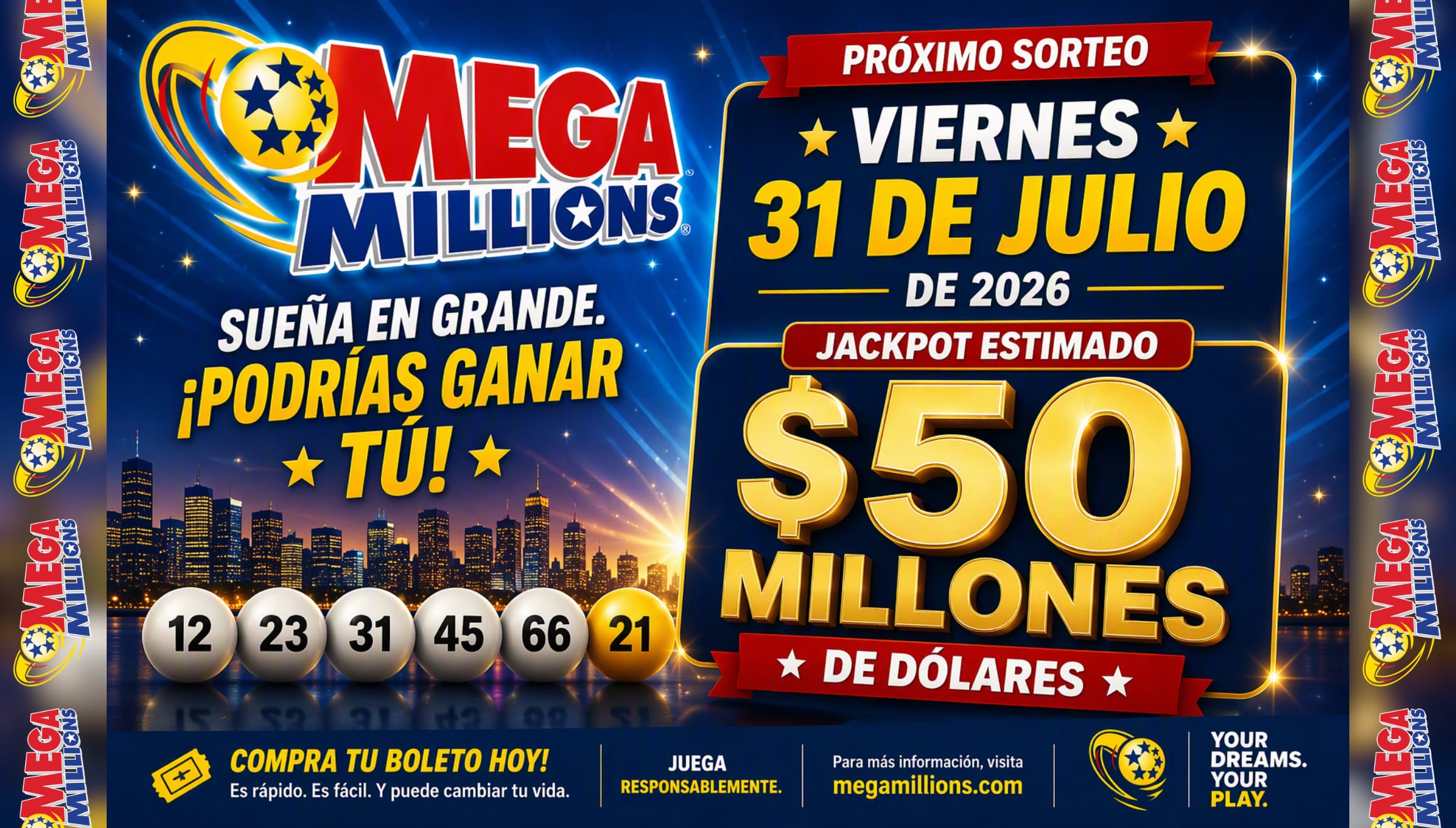 Coteja tus boletos del sorteo oficial del Mega Millions correspondiente al viernes 31 de julio de 2026 en Estados Unidos, con un premio mayor acumulado de 50 millones de dólares para los ganadores. | Imagen creada por Gestión Mix utilizando la IA de Copilot / Composición GEC