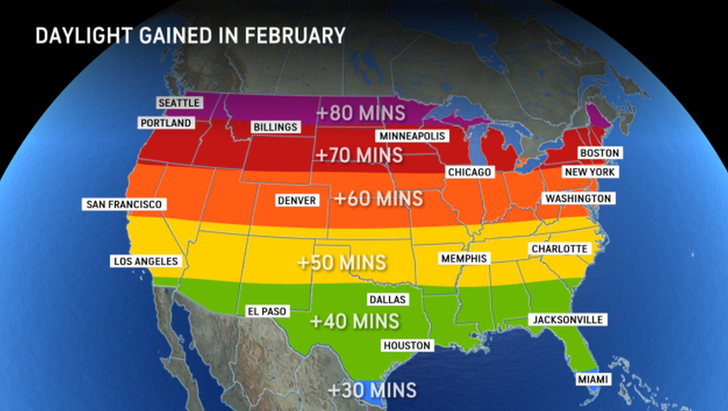 Puedes ver en este mapa cuántos minutos más de luz del sol habrá a lo largo y ancho de los Estados Unidos según tu ubicación: mientras más al norte, mayor es el tiempo (Foto: AccuWeather)