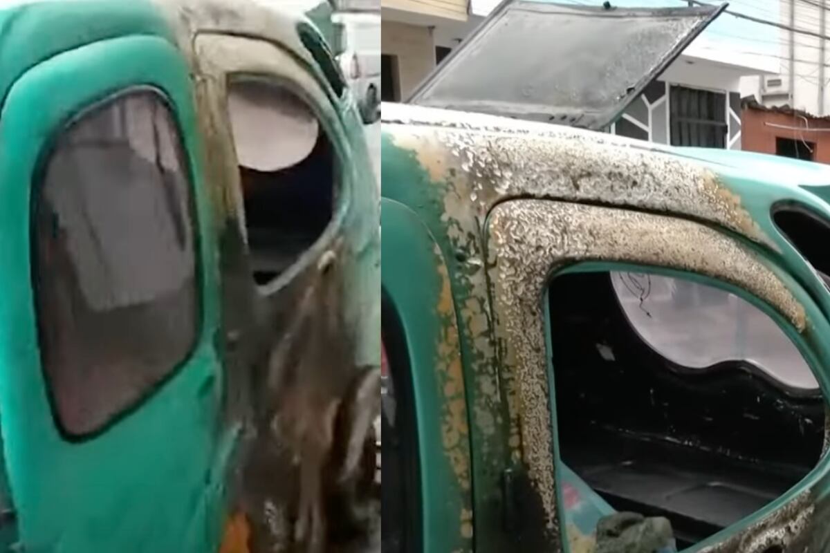 Por fortuna, la familia tenía un extintor a la mano, lo que evitó que el vehículo menor quede reducido a cenizas. Foto: composición EC/captura 24 horas