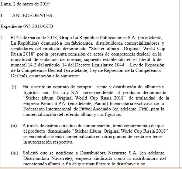 Este es el documento de Indecopi en el que se recuerda cómo se le involucró a Navarrete en el caso de la comercialización del álbum 3 Reyes.