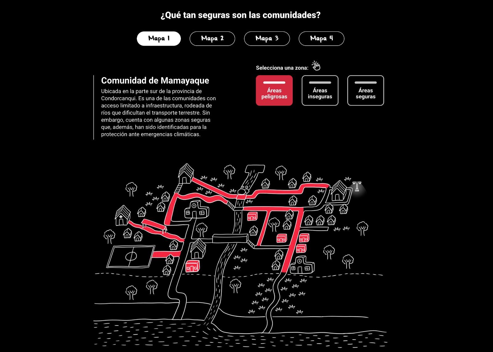 Mapa que muestra qué tan seguras son las comunidades en Condorcanqui.