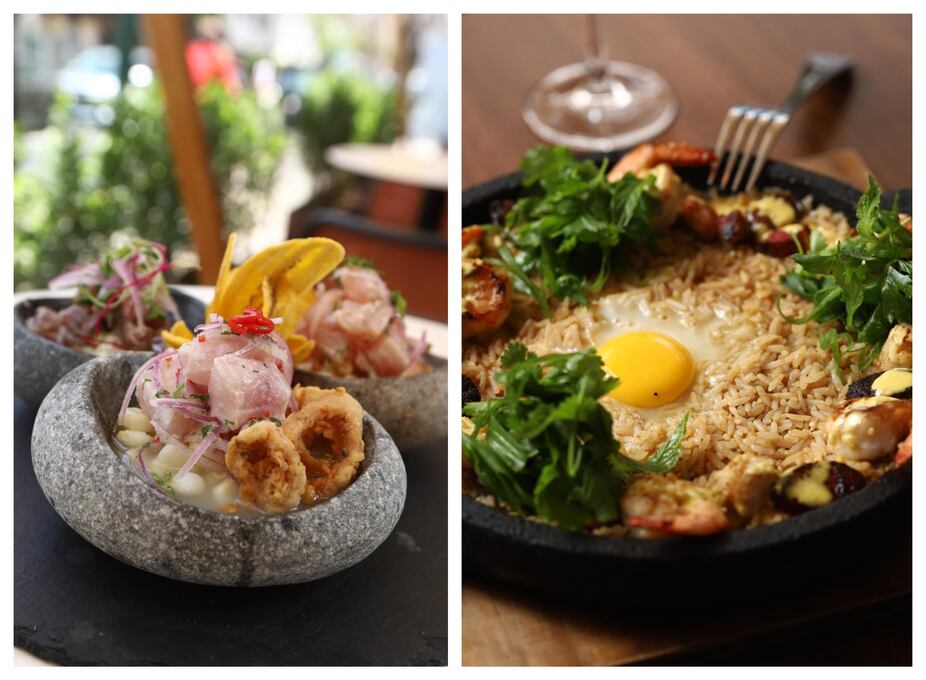 Carretillero, cebiche tipo tataki, y leche de tigre al rocoto. Derecha: chaufa a la piedra, arroz frito con langostinos, panceta ahumada, conchas y salchicha china, servido en plato de piedra volcánica.