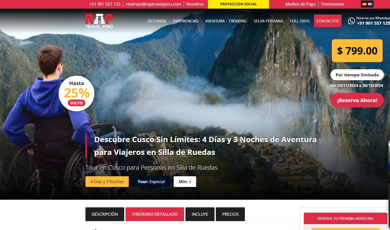 Agencia de viaje ofrece traslado de personas en silla de ruedas a Machu Picchu.