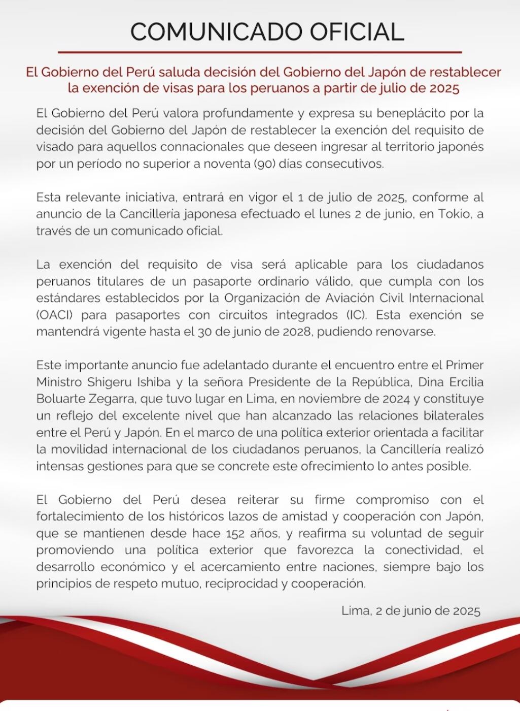 La Embajada del Japón en el Perú anunció oficialmente la exención del visado para ciudadanos peruanos, a partir del 1 de julio de 2025. Foto: Ministerio de Relaciones Exteriores