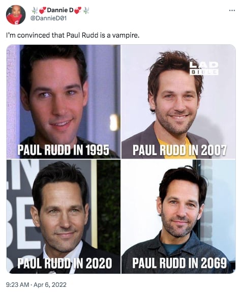 Captura de pantalla de un usuario de Twitter que bromea sobre la edad de Paul Rudd (Foto: Twitter)
