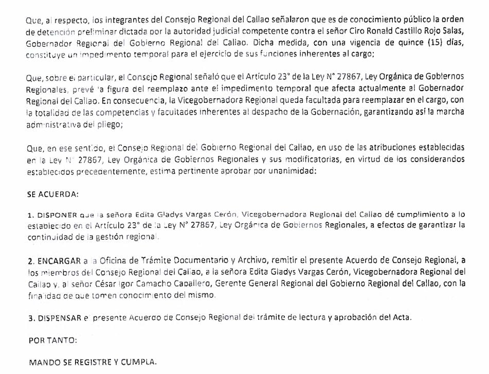 Este es el acuerdo del Consejo Regional del Callao sobre el reemplazo de Ciro Castillo-Rojo.