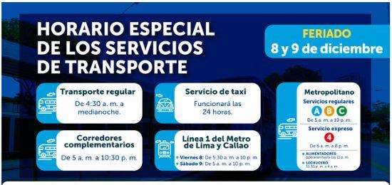 Estos son los horarios de los servicios de transporte público en Lima y Callao durante los feriados del 8 y 9 de diciembre. (Foto: ATU)
