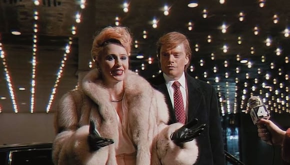 Donald Trump, interpretado por Sebastian Stan, y su esposa Ivana, representada por Maria Bakalova, en una escena de “The Apprentice”. (SCYTHIA FILMS)